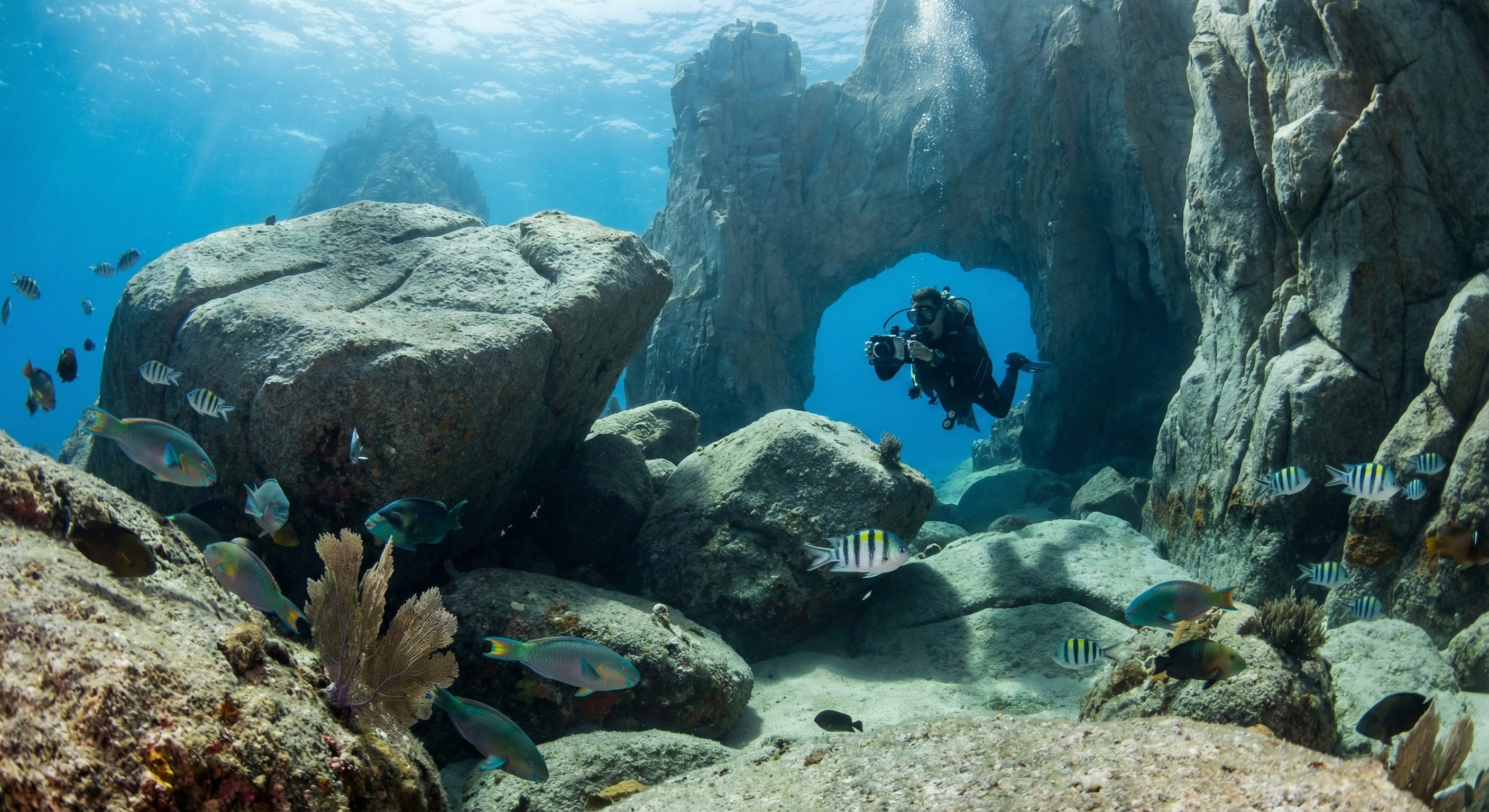Scuba diver at Land's End Cabo San Lucas with El Arco visible